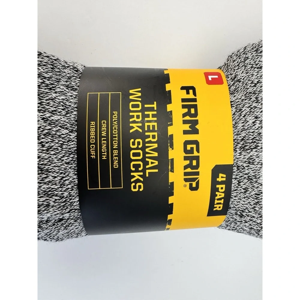 Mens Firm Grip Thermal Work Socks -‎ Large - 4 Pair - Poly/Cotton Crew Length